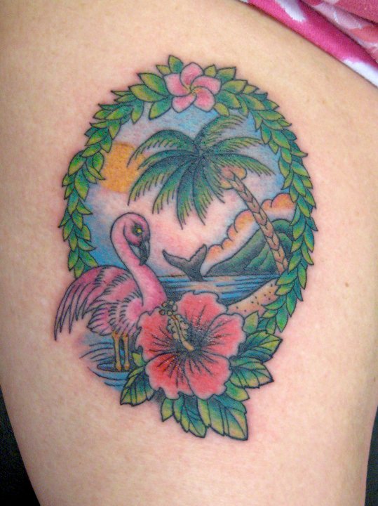 Colorful Flamingo With Palm Tree And Whale In Leaves Frame Tattoo
