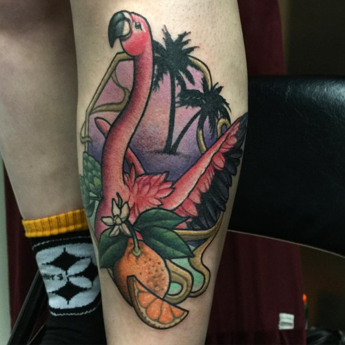 Colorful Flamingo With Palm Trees And Orange And Its Piece Tattoo On Forearm