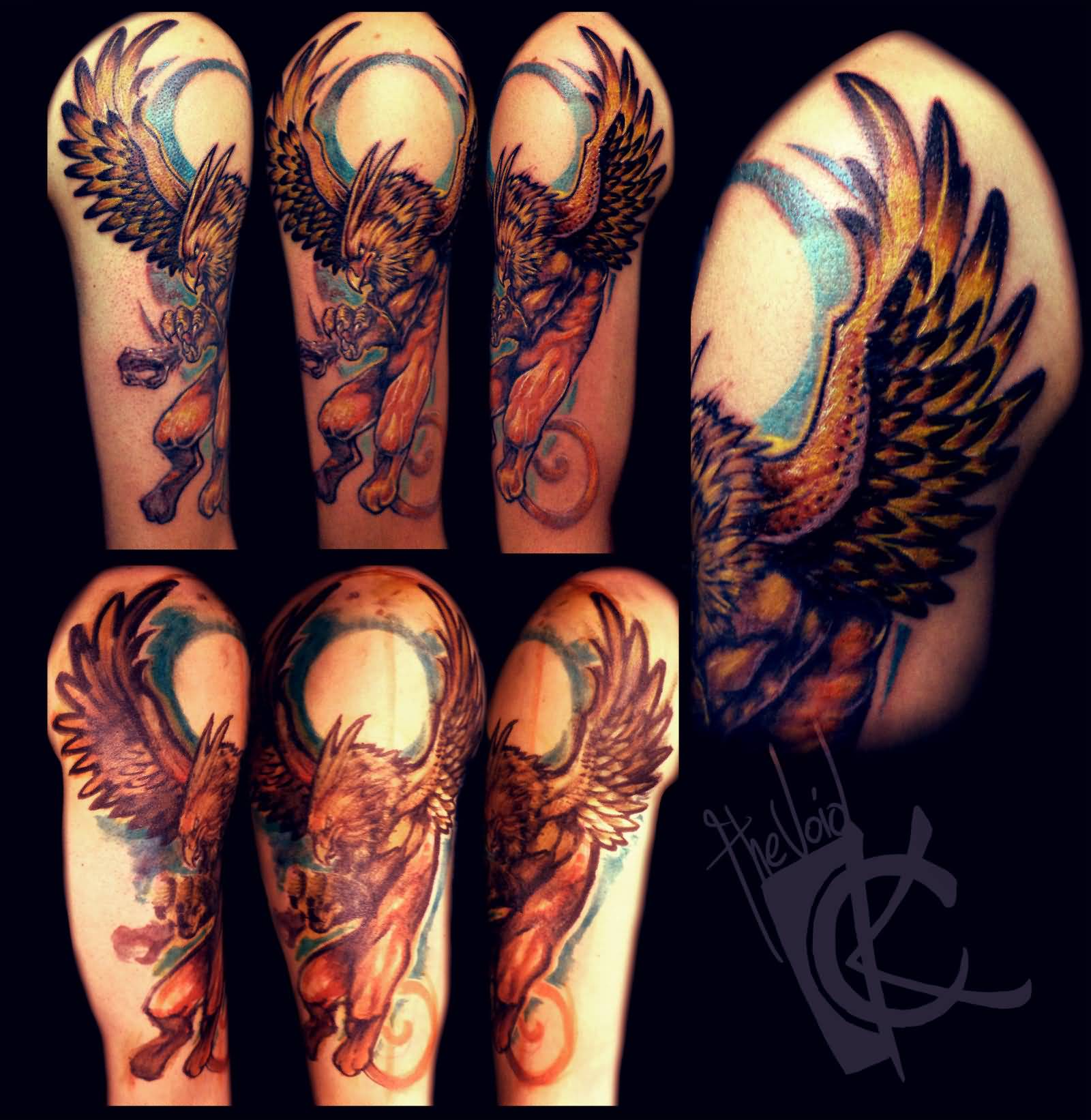 Colorful Flying Griffin Tattoo On Half Sleeve