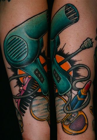 Colorful Green Dryer With Comb, Mirror And Lipstick Tattoo On Forearm