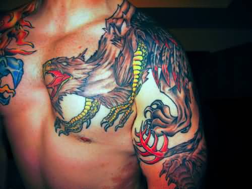 Colorful Griffin Roaring Tattoo On Left Shoulder