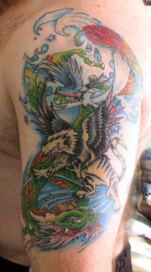 Colorful Griffin With Dragon And Birds Tattoo On Half Sleeve