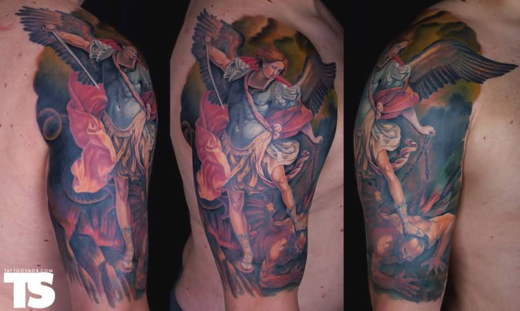 Colorful Michael Archangel Tattoo On Half Sleeve