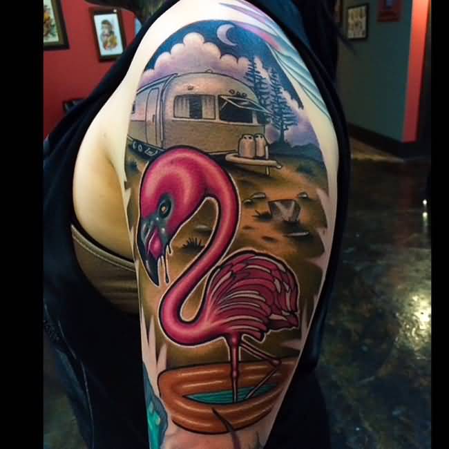 Colorful New School Flamingo Tattoo On Half Sleeve And Shoulder