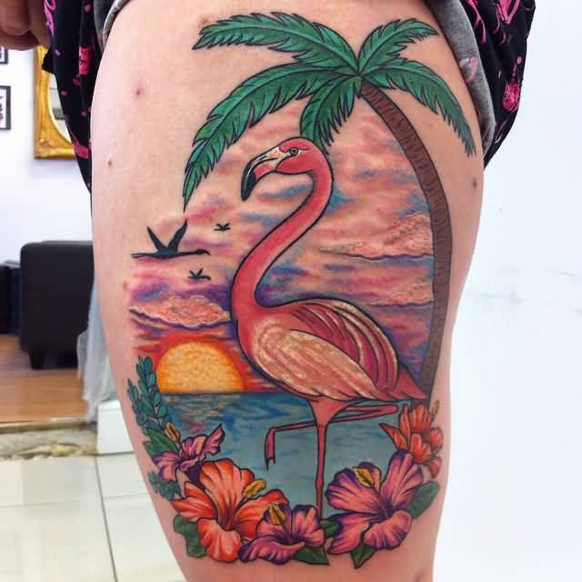 Colorful Red Flamingo With Great Background Tattoo On Thigh