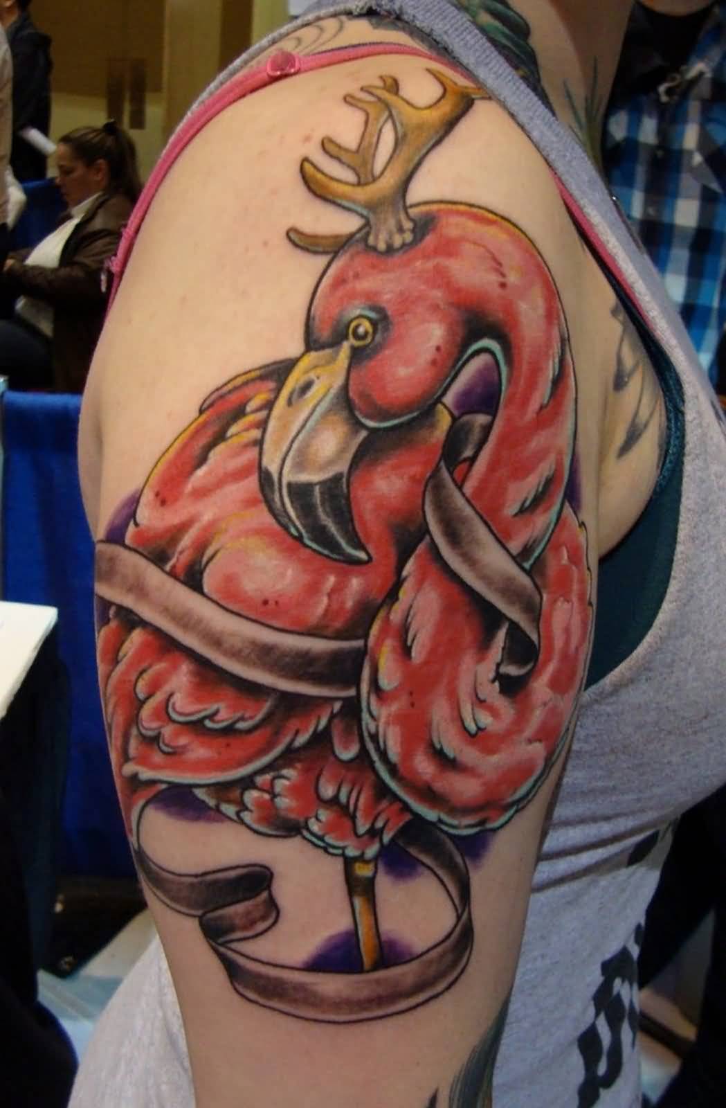 Colorful Red Flamingo With Horns Tattoo On Half Sleeve