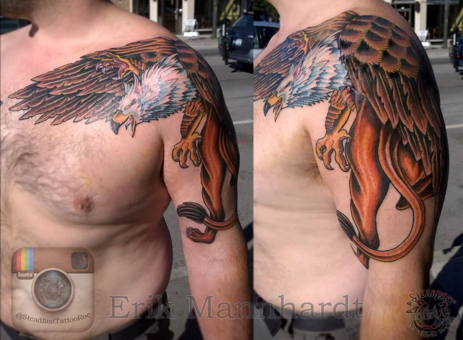 Colorful Roaring Griffin Tattoo On Shoulder