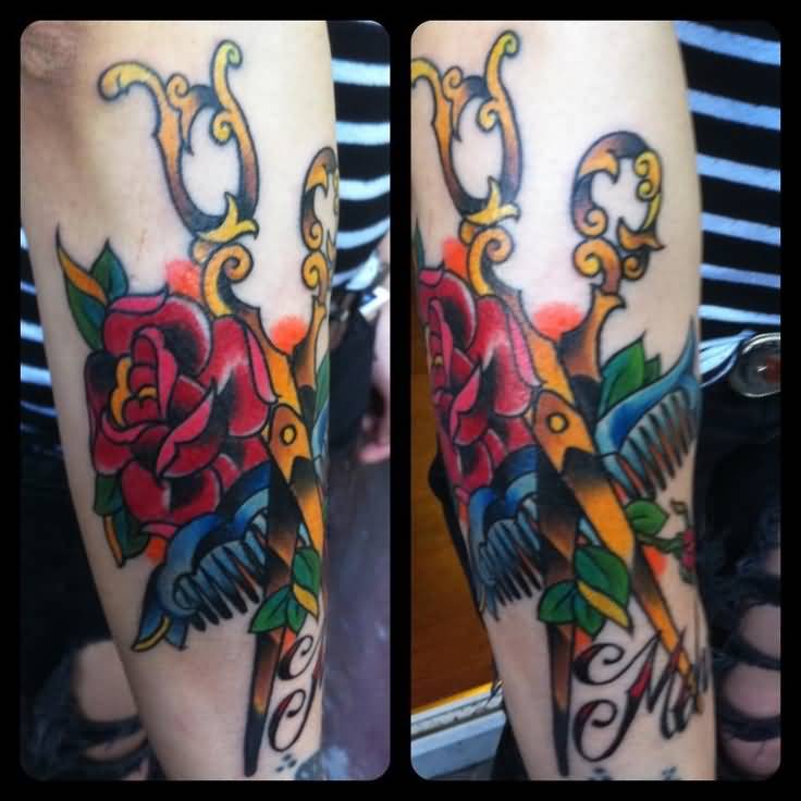Colorful Scissor And Blue Comb With Red Rose Tattoo On Forearm