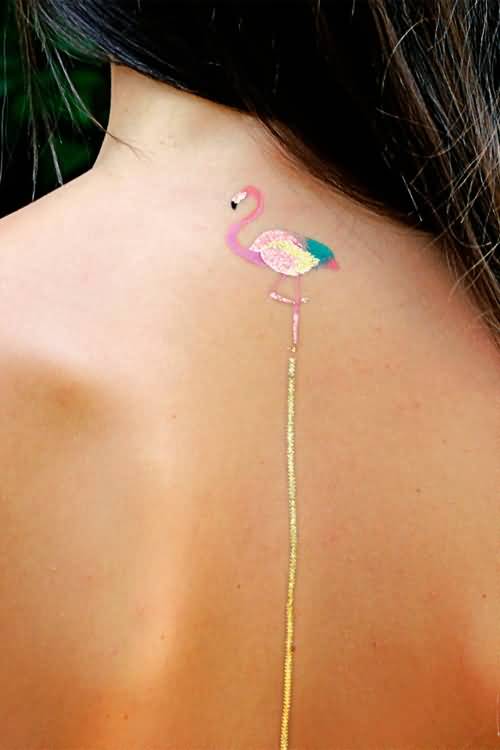 Colorful Small Flamingo With Golden Line Tattoo On Back
