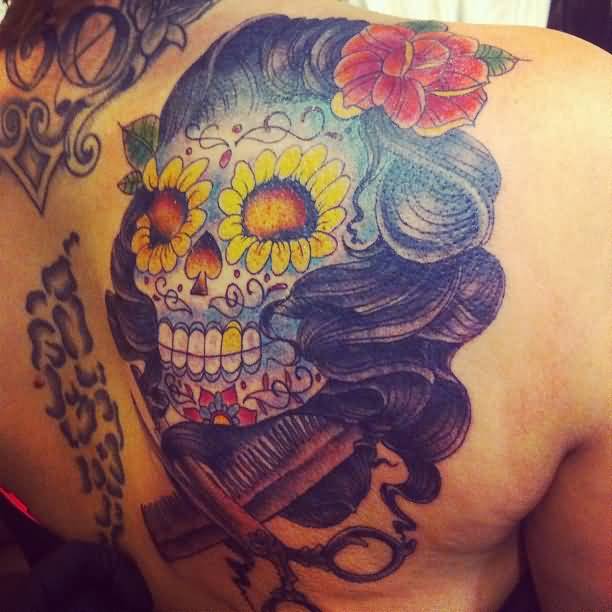 Colorful Sugar Skull Girl Head With Comb And Scissor Tattoo On Back