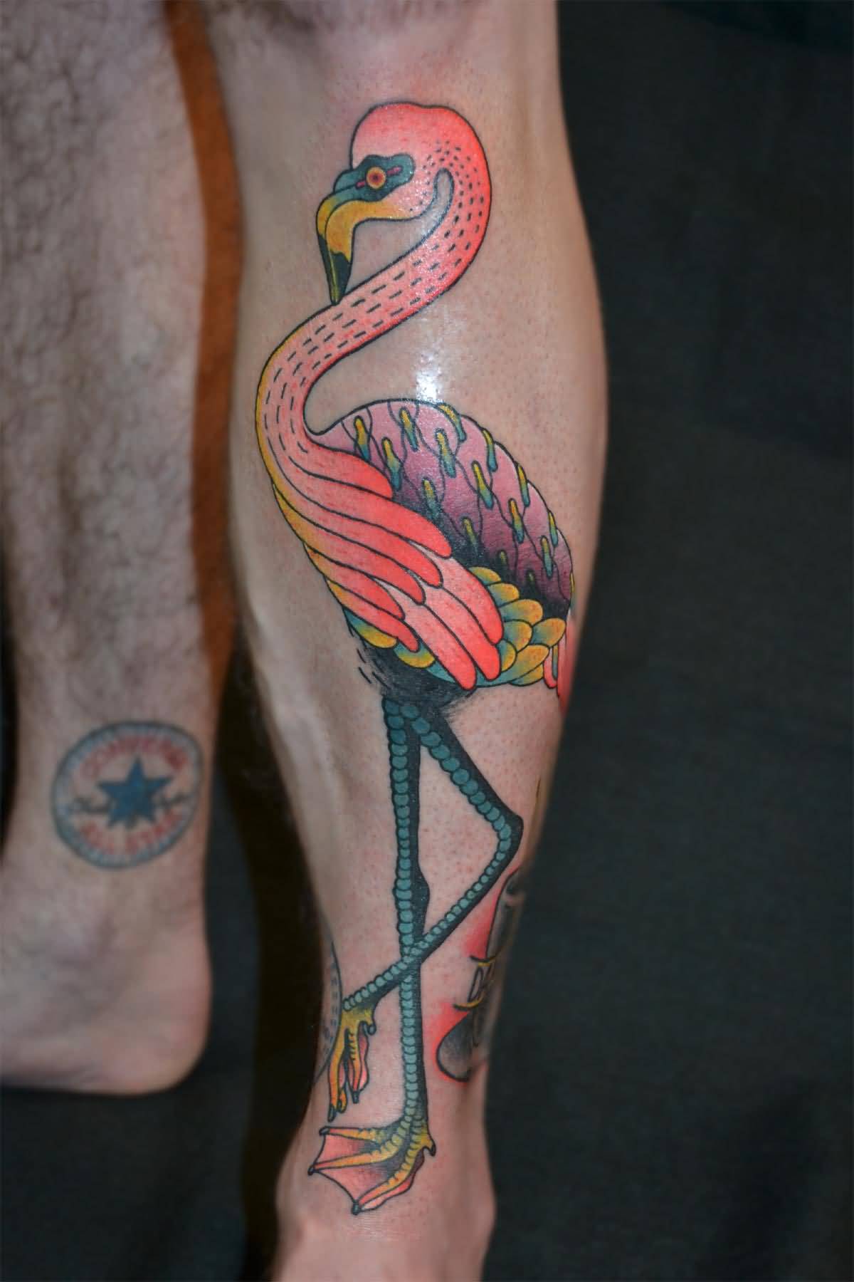 Colorful Traditional Flamingo Tattoo On Leg