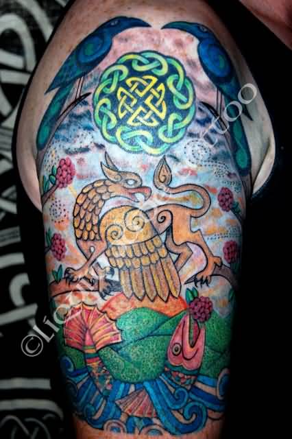 Colorful Traditional Griffin Tattoo On Half Sleeve