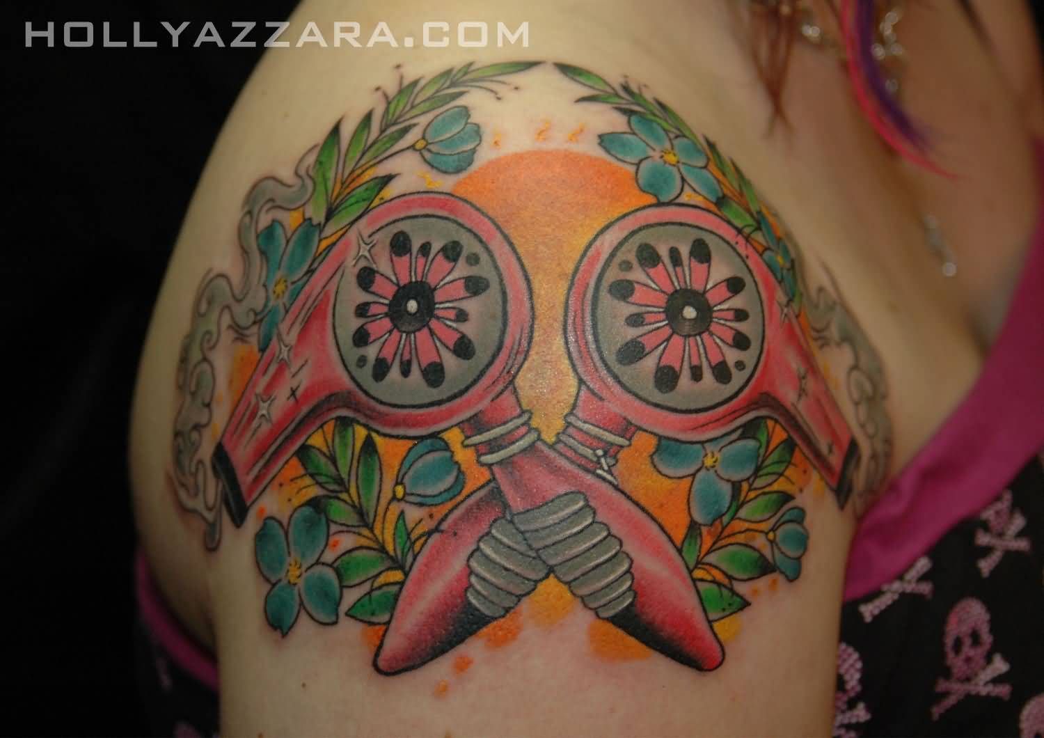 Colorful Two Blow Dryers With Leaves And Flowers Tattoo On Right Shoulder