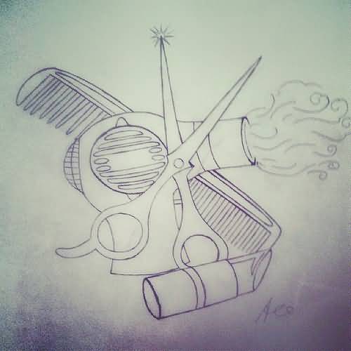 Comb With Dryer Blowing Air And Scissor, Lipstick Tattoo Design
