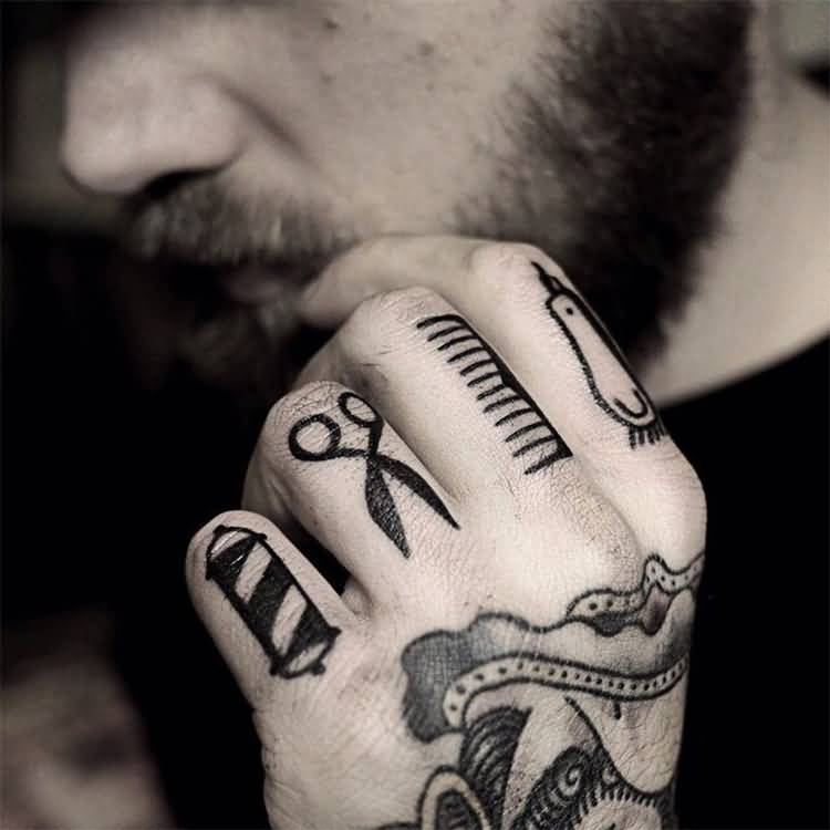 Cool Black Comb With Scissor And Other Designs Tattoo On Fingers
