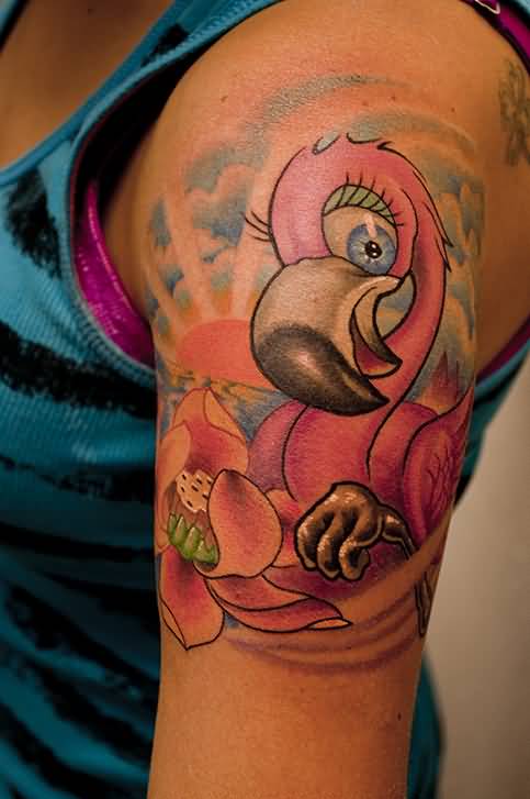 Cool Flamingo Tattoo On Half Sleeve For Women