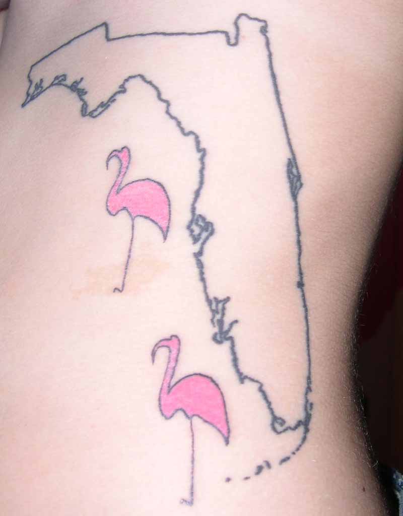 Cool Flamingos With Florida Outline Tattoo On Rib