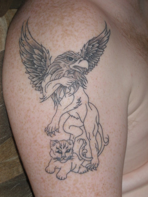 Cool Griffin With Tiger Baby Tattoo On Shoulder