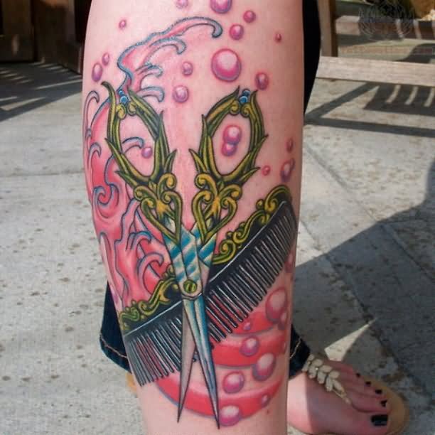 Cool Scissor With Hair Comb And Bubbles Tattoo On Leg
