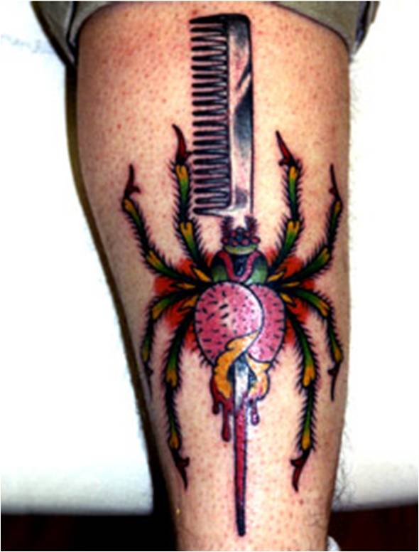 Cool Spider And Comb Tattoo On Back Leg