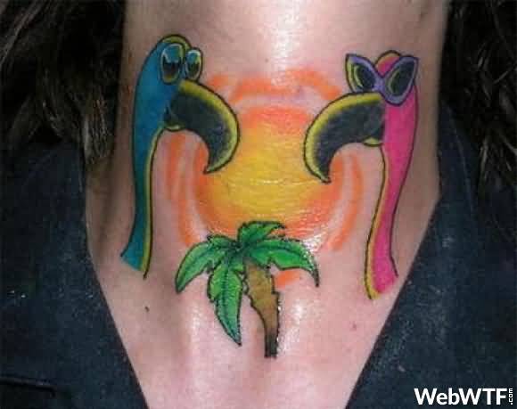 Couple Flamingo Wearing Goggles And Palm Tree Tattoo On Neck