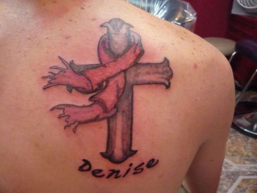 Cross With Ribbon Christianity Tattoo On Right Back Shoulder