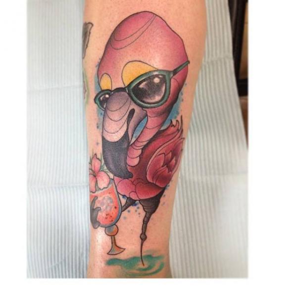 Cute Baby Flamingo Wearing Goggles With Glass Tattoo On Forearm