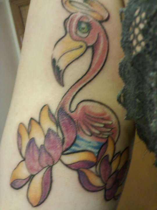 Cute Flamingo Wearing Cap With Flowers Tattoo