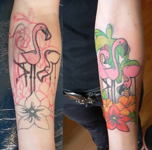 Cute Flamingos With Tree And Flowers Tattoo On Forearm