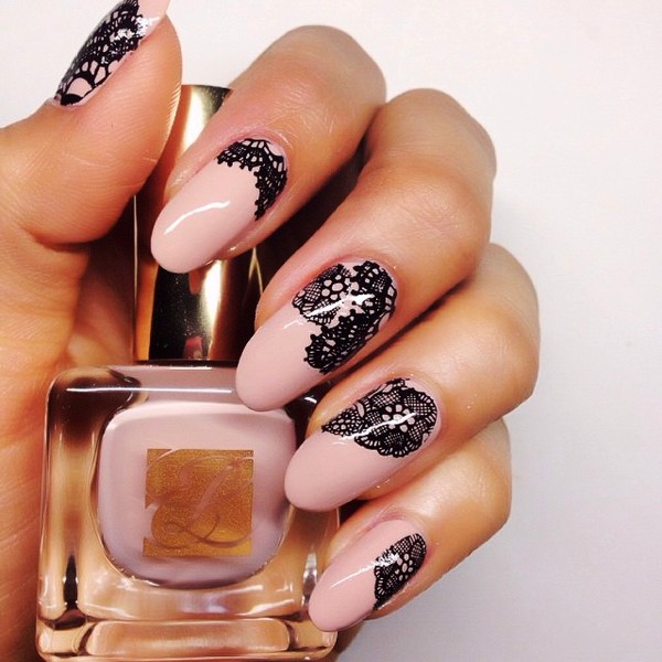 Cute Pink Nails With Black Lace Nail Art Design