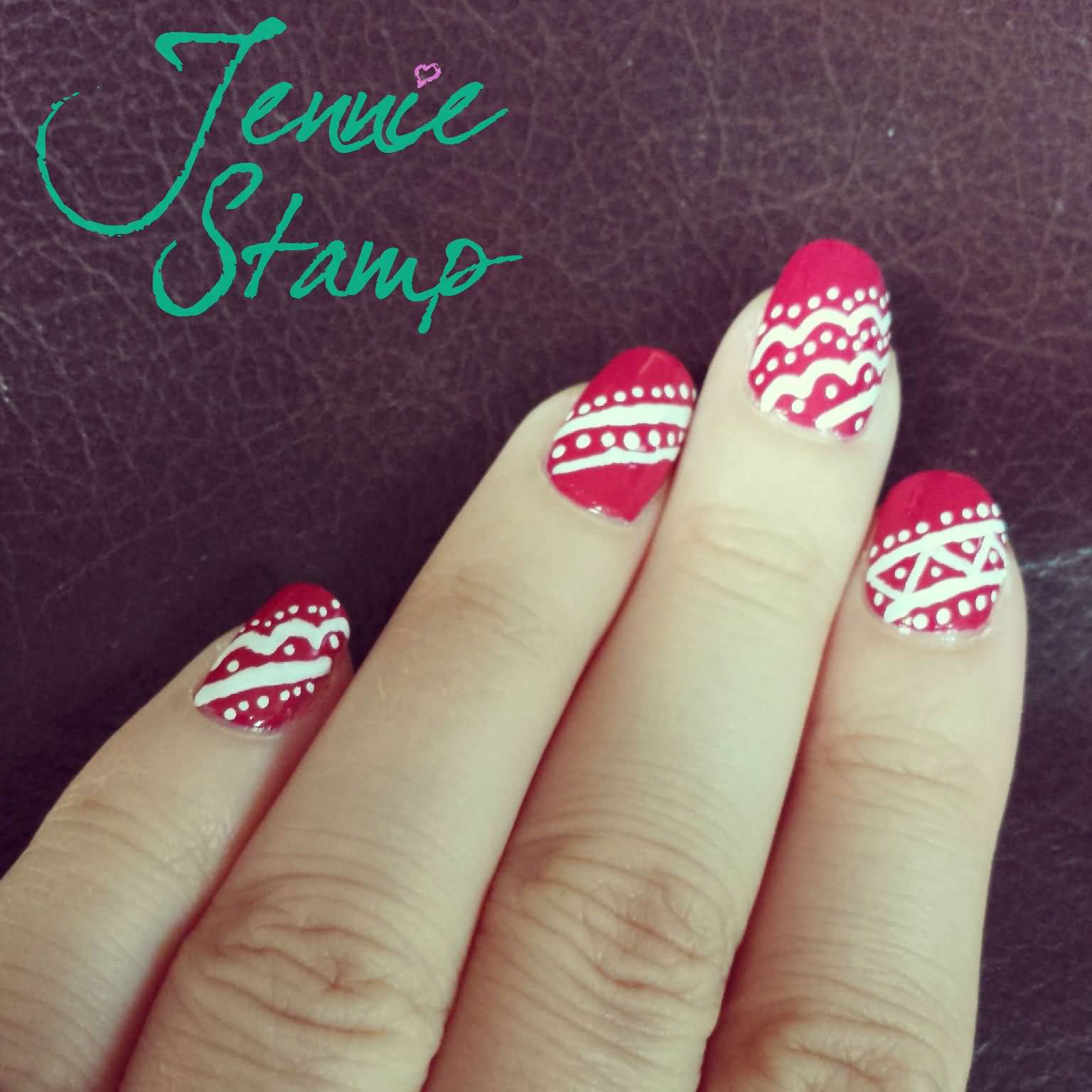 Cute Red And White Lace Nail Art