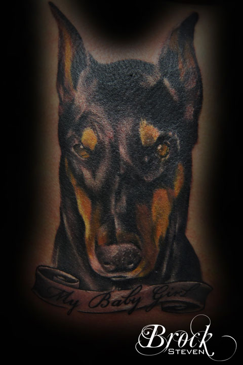 Dangerous Black Doberman Head Tattoo Design By Brock Steven
