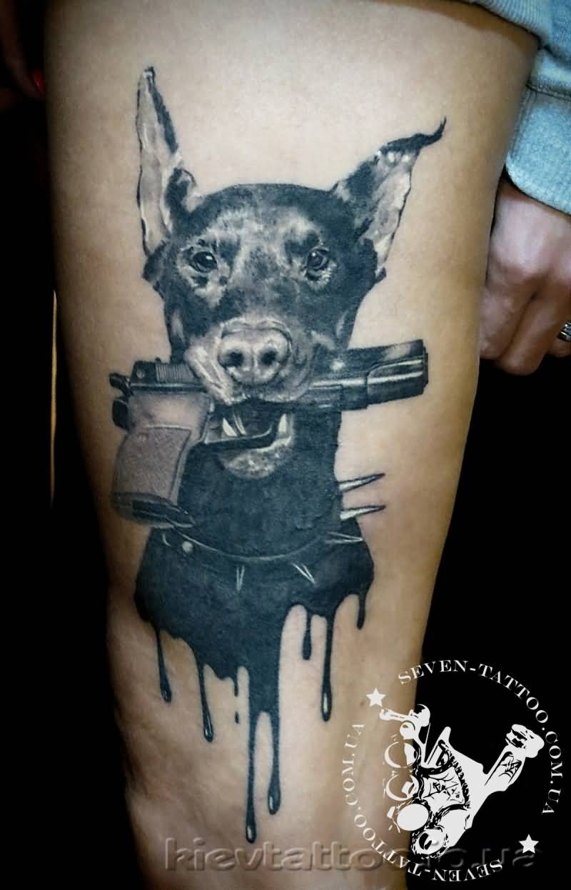 Dangerous Doberman Holding Pistol With Mouth Tattoo