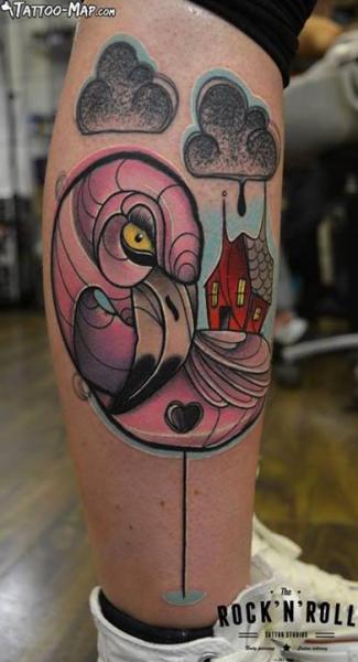 Dangerous Flamingo With Black Clouds And House Tattoo