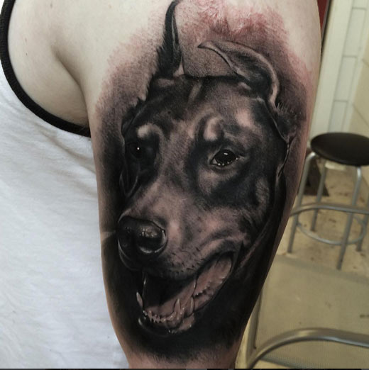 Dark Doberman Head Tattoo On Half Sleeve By Tye Harris