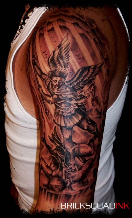Dark Grey Archangel Tattoo On Left Half Sleeve