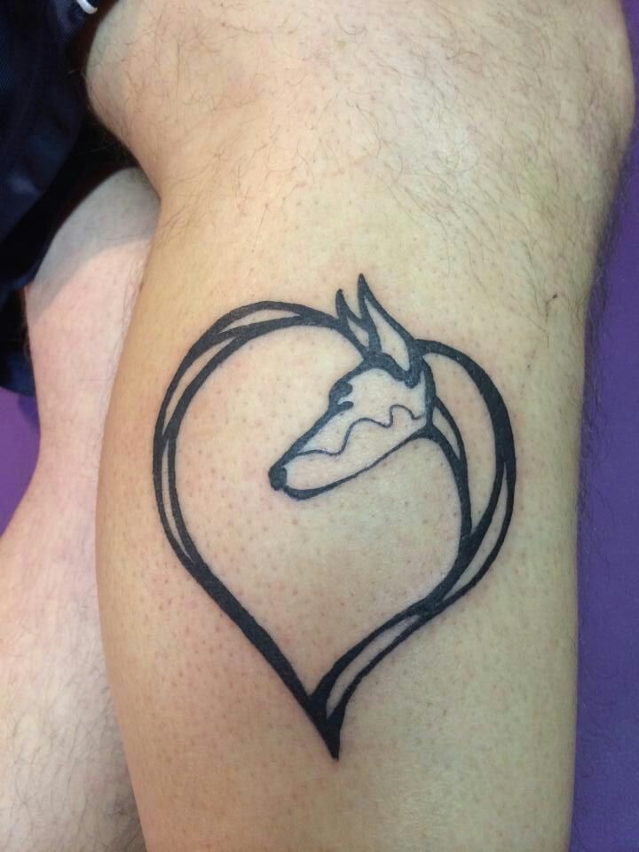 Doberman Face With Heart Shape Tattoo On Forearm