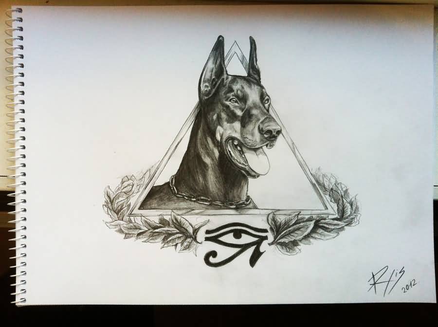 Doberman Head In Triangle Frame With Leaves Tattoo Design