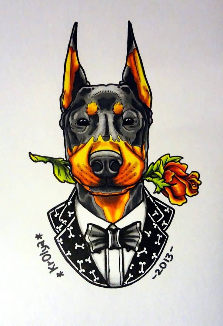 Doberman Holding Rose With Mouth Tattoo Design