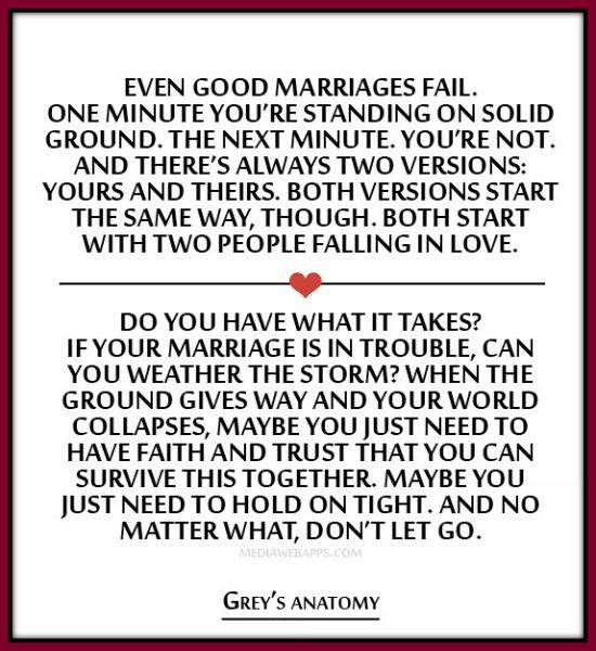 Even good marriages fail. One minute you’re standing on solid ground, the next minute- you’re not. And there’re always two versions. Yours, and theirs. Both versions start the same way though....