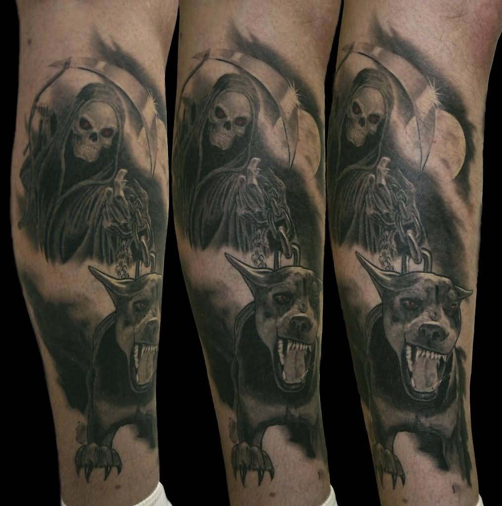 Evil Skeleton With Doberman Tattoo On Leg