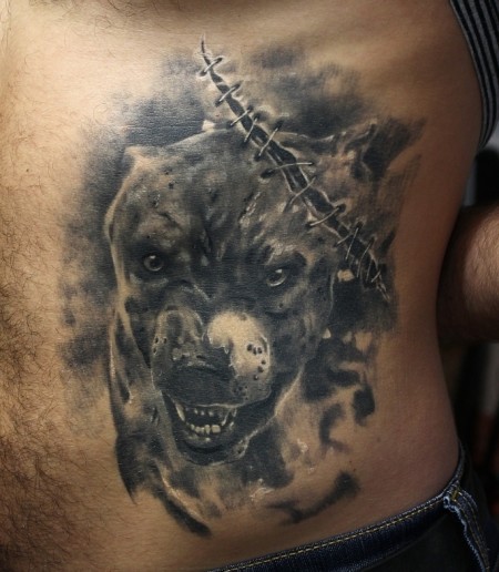 Extremely Angry Doberman Tattoo On Chest