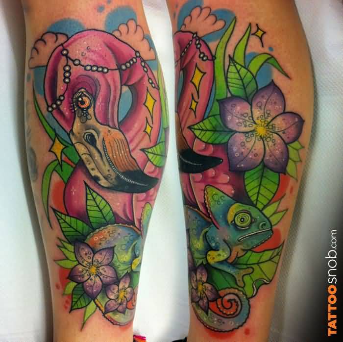 Extremely Beautiful Flamingo With Flowers And Leaf Tattoo On Forearm
