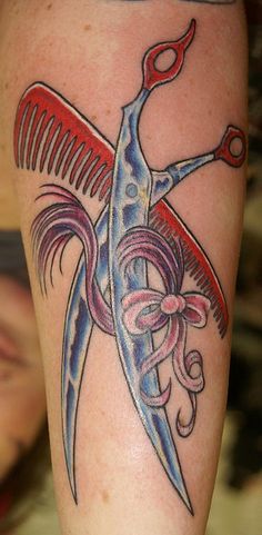 Extremely Nice Comb With Shears And Ribbon Design Tattoo By Chris Posey