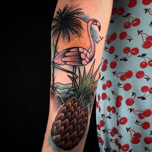Extremely Nice Traditional Flamingo With Pineapple And Palm Tree Tattoo On Forearm