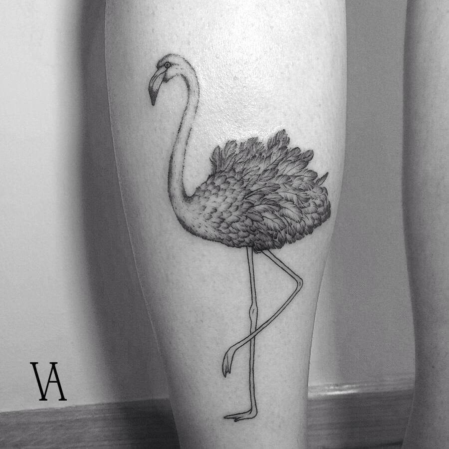 Fine Black Ink Flamingo Tattoo On Left Leg
