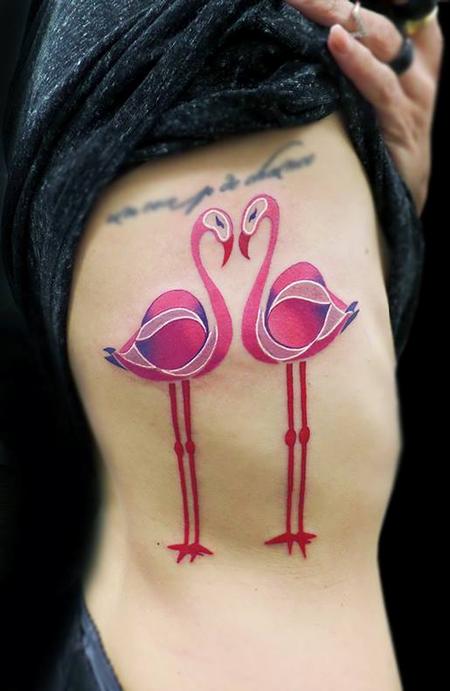 Flamingo Couple Tattoo On Rib