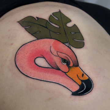 Flamingo Head With Leaves Tattoo