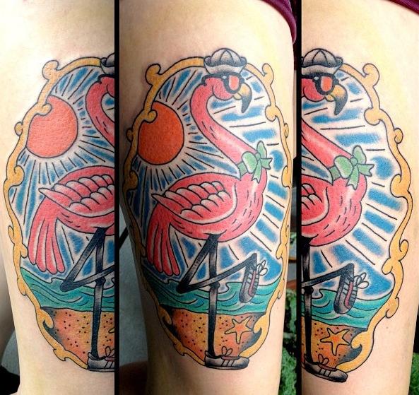 Flamingo Wearing Goggles In Nice Frame Traditional Tattoo