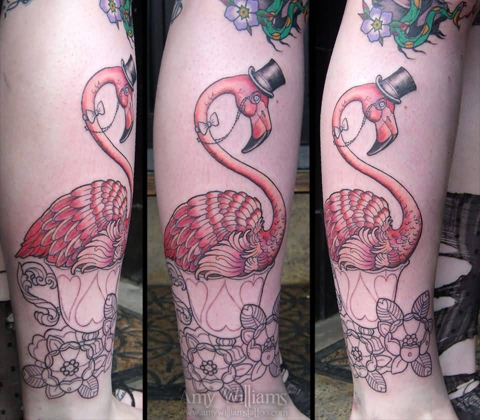 Flamingo Wearing Hat With Flowers Traditional Tattoo On Leg